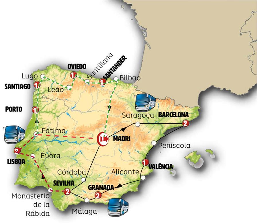 Mapa do roteiro Catalunha, Levante e Andaluzia