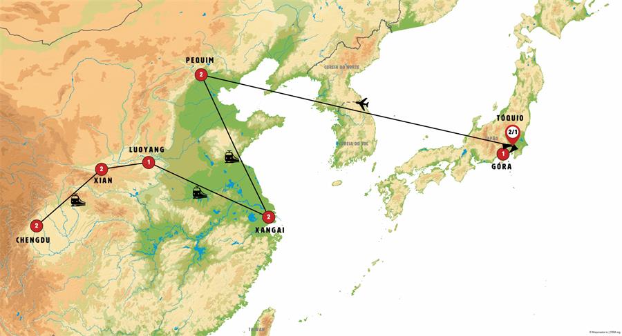Mapa do roteiro Tóquio, Monte Fuji e China Clássica Express com Chengdu