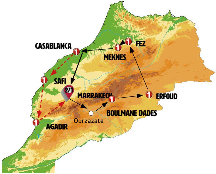 Mapa do roteiro Marrocos Surpreendente