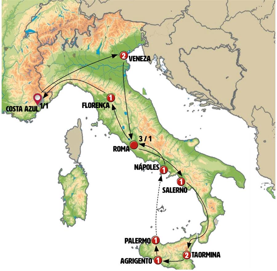 Mapa do roteiro Itália de Norte a Sul