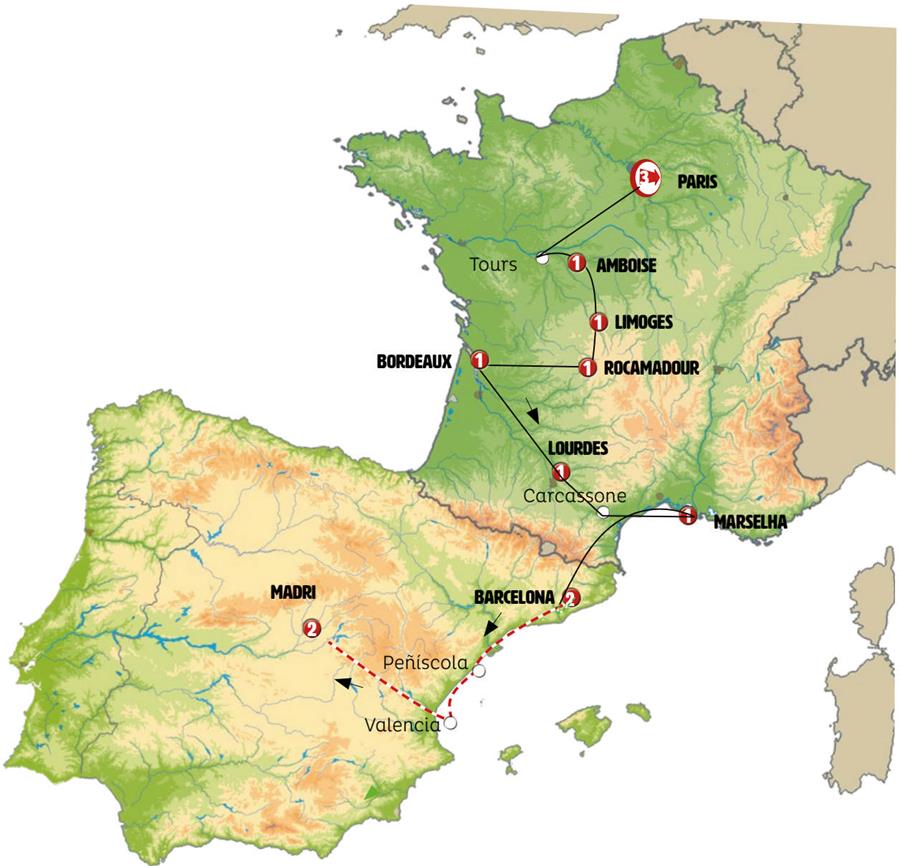 Mapa do roteiro Paris, toda a França e Espanha