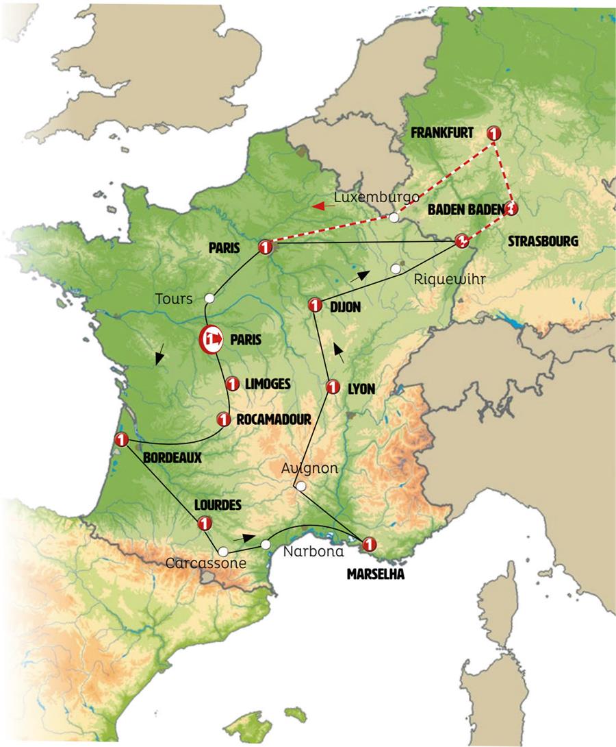 Mapa do roteiro França encantada e Floresta Negra