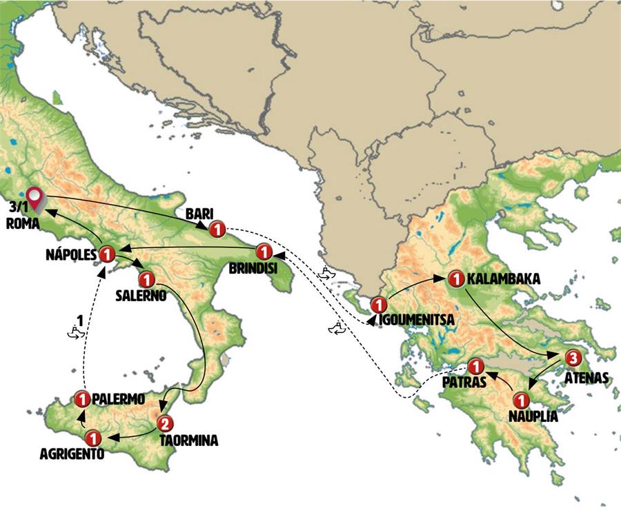 Mapa do roteiro Roma, Grécia Total e Sicília