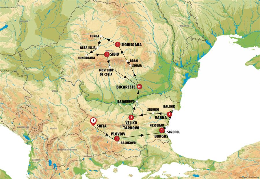 Mapa do roteiro Bulgária e Romênia: Mosteiros e Castelos Lendários